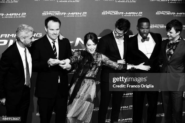 Matt Tolmach, Marc Webb, Dane Dehaan, Emma Stone, Jamie Foxx and Andrew Garfield attend 'The Amazing Spider-Man 2: Rise Of Electro' Rome Premiere on...