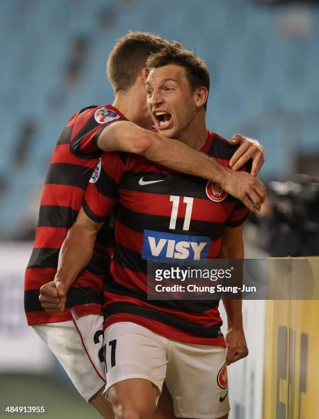 Brendon Santalab of Western Sydney celebrates after scoring second goal during the AFC Champions League Group H match between Ulsan Hyundai v Western...