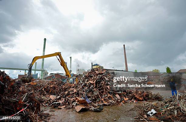 Scrap copper sits in a heap ahead before being melted down at the Aurubis recycling smelter on April 14, 2014 in Luenen, Germany. Aurubis is...