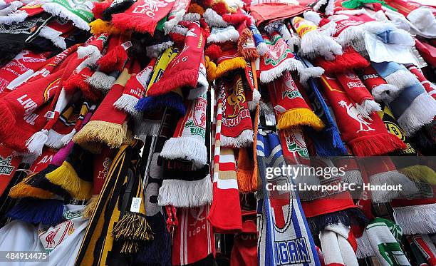 In this handout image provided by Liverpool FC, football scarves and tributes are placed at the Hillsborough memorial during the memorial service...