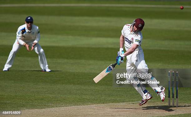 Craig Kieswetter of Somerset leaps high to avoid a bouncer from Liam Plunkett of Yorkshire during day three of the LV County Championship match...