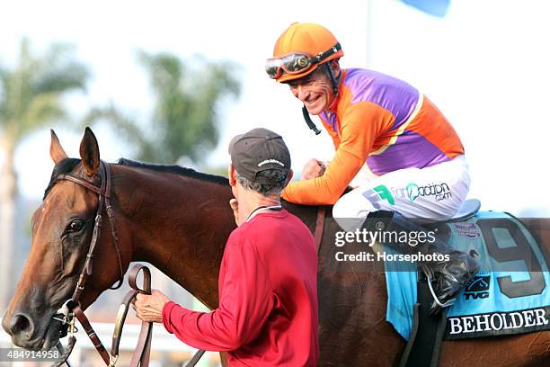 Beholder with jockey Gary Stevens up, becomes the first filly to win the Pacific Classic on August 22, 2015 at Del Mar Thoroughbred Club in Del Mar,...