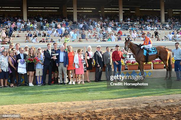 Beholder with jockey Gary Stevens up, becomes the first filly to win the Pacific Classic on August 22, 2015 at Del Mar Thoroughbred Club in Del Mar,...