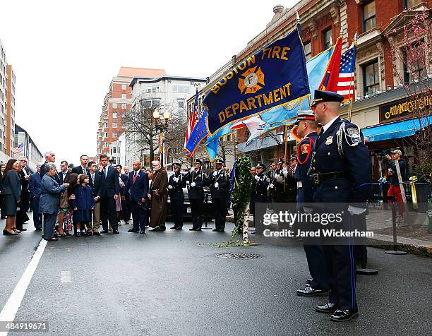 The family of Martin Richard including Bill Richard, along with Boston mayor Marty Walsh, Massachusetts Governor Deval Patrick, and other members of...