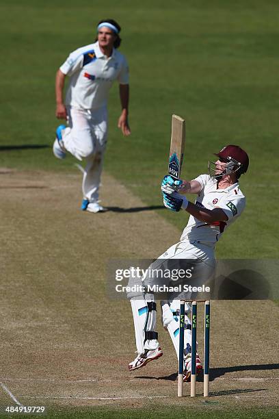 Craig Kieswetter of Somerset pulls a shot for six off the bowling of Jack Brooks of Yorkshire during day three of the LV County Championship match...