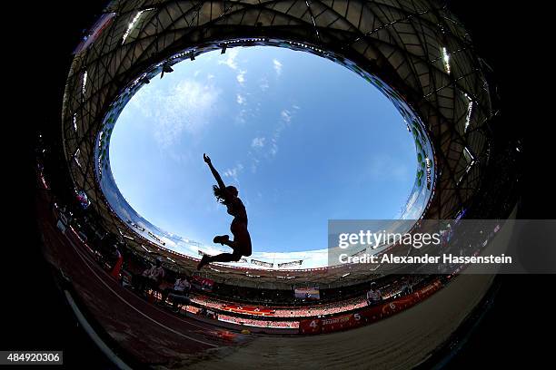 Jessica Ennis-Hill of Great Britain competes in the Women's Heptathlon Long Jump during day two of the 15th IAAF World Athletics Championships...