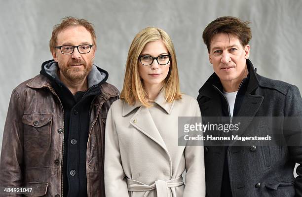 Actor Josef Hader, Nora von Waldstaetten and Tobias Moretti attend 'Das ewige Leben' Set Visit on April 15, 2014 in Munich, Germany.