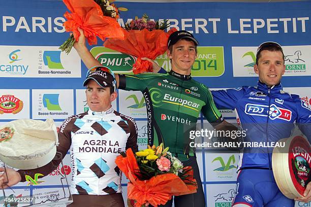 Second-placed AG2R La Mondiale team's Samuel Dumoulin of France, winner Europcar team Bryan Coquard of France and third placed FDJ.fr team Laurent...