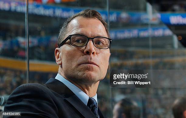 Assistant coach Scott Stevens of the New Jersey Devils watches their game against the Buffalo Sabreson April 1, 2014 at the First Niagara Center in...