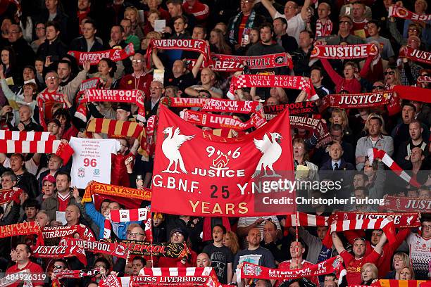 Liverpool fans sing 'You'll Never Walk Alone' during the Hillsborough memorial service marking the 25th anniversary of the Hillsborough Disaster at...