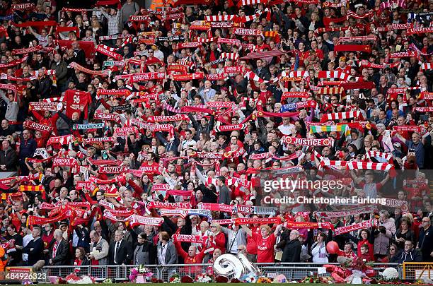 Liverpool fans sing 'You'll Never Walk Alone' during the Hillsborough memorial service marking the 25th anniversary of the Hillsborough Disaster at...