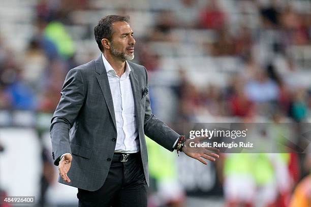 Gustavo Matosas coach of Atlas gestures during a 6th round match between Atlas and Toluca as part of the Apertura 2015 Liga MX at Jalisco Stadium on...