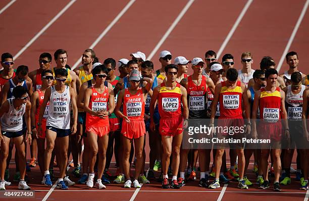 Yusuke Suzuki of Japan at the start of the Men's 20km Race Walk during day two of the 15th IAAF World Athletics Championships Beijing 2015 at Beijing...