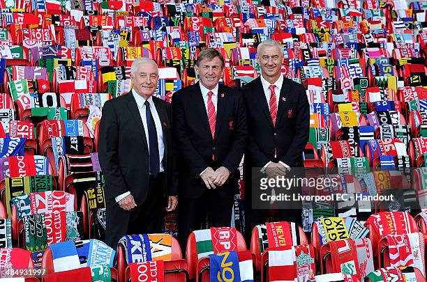 In this handout image provided by Liverpool FC, former players Roy Evans, Kenny Dalglish and Ian Rush of Liverpool attend the 25th Hillsborough...