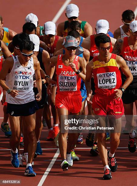 Yusuke Suzuki of Japan competes in the Men's 20km Race Walk during day two of the 15th IAAF World Athletics Championships Beijing 2015 at Beijing...