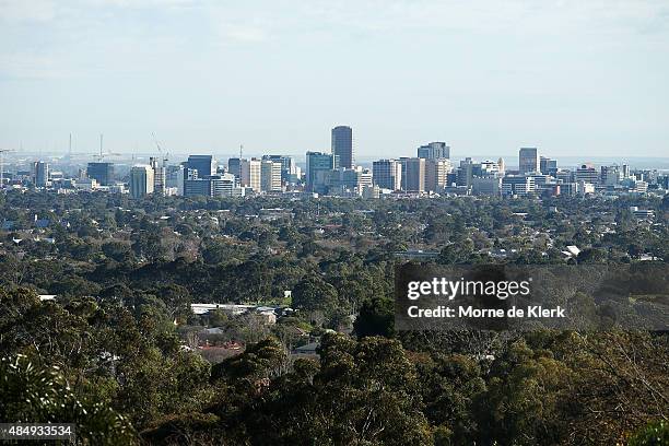 An elevated view of the Adelaide city skyline. General views of Adelaide on August 23, 2015 in Adelaide, Australia.