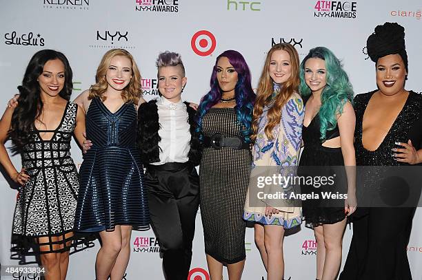 Contestants Rosy McMichael, Erin Timony, host Kelly Osbourne, winners Lorena "LoLo" Gallardo, Elsa Rhae, Mykie and Patrick Simondac attend the 4th...