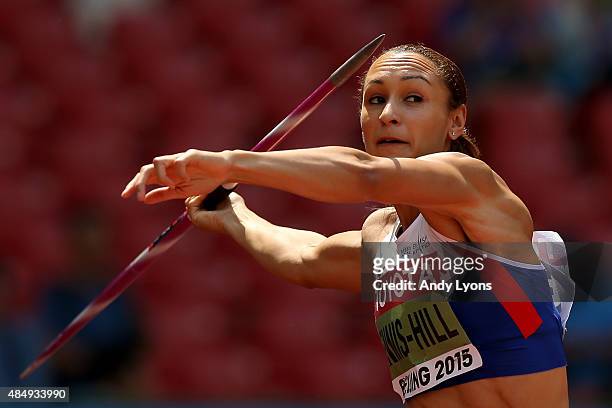 Jessica Ennis-Hill of Great Britain competes in the Women's Heptathlon Javelin during day two of the 15th IAAF World Athletics Championships Beijing...