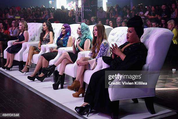 Contestants Erin Timony, Rosy McMichael, Lorena "LoLo" Gallardo, Mykie, Elsa Rhae and Patrick Simondac speak onstage during the 4th Annual NYX FACE...