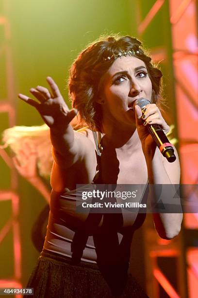 Singer Amy Renee Heidemann of Karmin performs on stage at the 4th Annual NYX FACE Awards at Club Nokia on August 22, 2015 in Los Angeles, California.