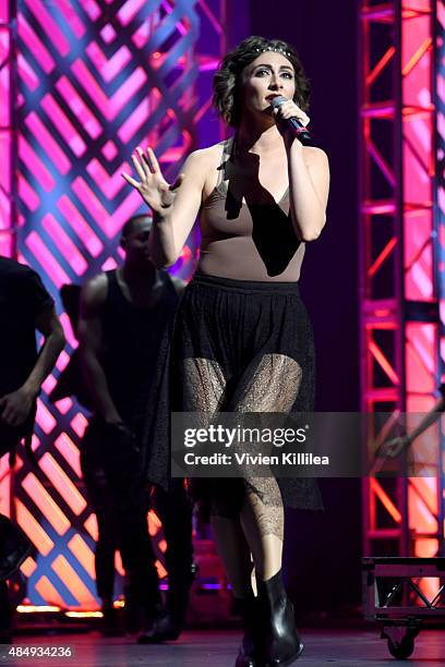 Singer Amy Renee Heidemann of Karmin performs on stage at the 4th Annual NYX FACE Awards at Club Nokia on August 22, 2015 in Los Angeles, California.