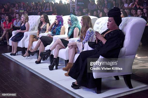 Contestants Erin Timony, Rosy McMichael, Lorena "LoLo" Gallardo, Mykie, Elsa Rhae and Patrick Simondac speak onstage during the 4th Annual NYX FACE...