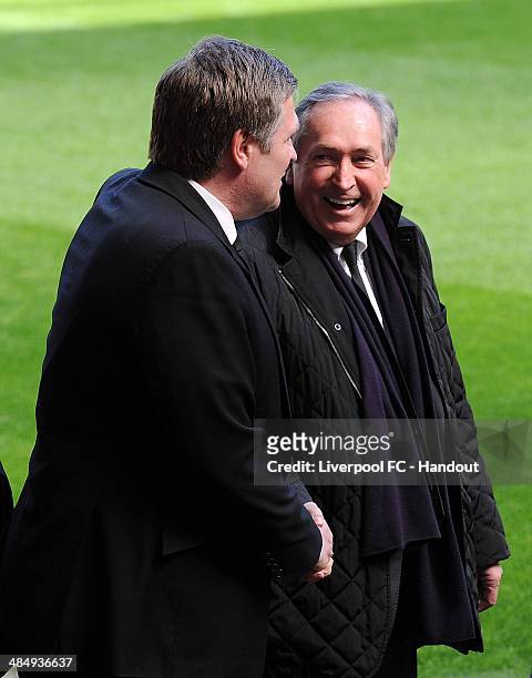 In this handout image provided by Liverpool FC, former manager Gerard Houllier and former player Jan Molby of Liverpool during the 25th Hillsborough...