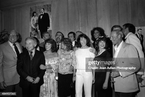 Rowan & Martin's Laugh-In cast reunion. Back row - L-R, Alan Sues, George Schlatter, Gary Owens, Dick Martin, Teresa Graves - Front Row: L-R, Ed...