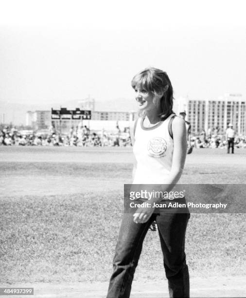 Singer Debby Boone plays in the Kenny Rogers Golden Nugget celebrity softball game to aid the Nevada Special Olympics at UNLV campus on May 29, 1977...