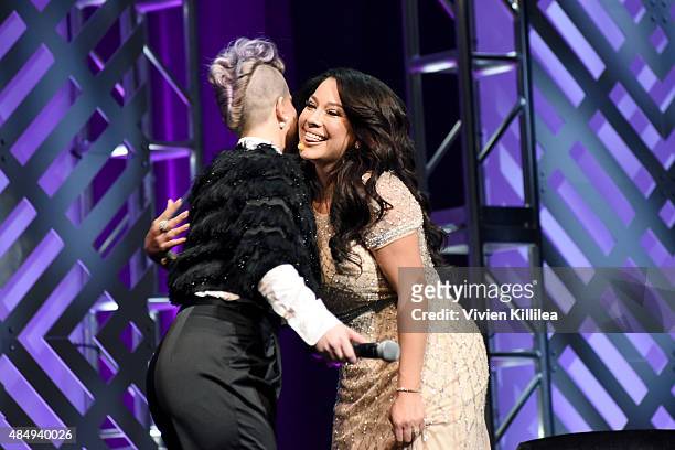 Host Kelly Osbourne and judge Vegas Nay speak onstage during the 4th Annual NYX FACE Awards at Club Nokia on August 22, 2015 in Los Angeles,...