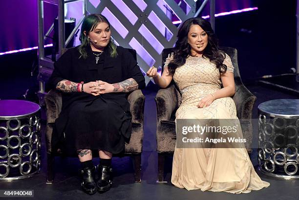 Judges Jade Taylor and Vegas Nay speak onstage during the 4th Annual NYX FACE Awards at Club Nokia on August 22, 2015 in Los Angeles, California.