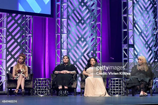 Judges Bunny Meyer aka Grav3yardgirl, Jade Taylor, Vegas Nay and Ve Neill speak onstage during the 4th Annual NYX FACE Awards at Club Nokia on August...