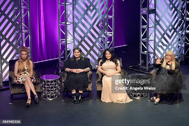 Judges Bunny Meyer aka Grav3yardgirl, Jade Taylor, Vegas Nay and Ve Neill speak onstage during the 4th Annual NYX FACE Awards at Club Nokia on August...