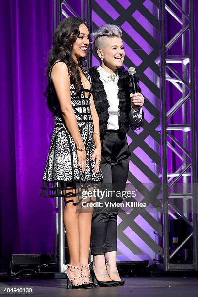 Contestant Rosy McMichael and host Kelly Osbourne speak onstage during the 4th Annual NYX FACE Awards at Club Nokia on August 22, 2015 in Los...