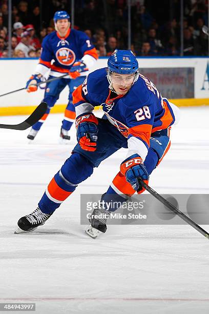 Johan Sundstrom of the New York Islanders skates against the New Jersey Devils at Nassau Veterans Memorial Coliseum on March 29, 2014 in Uniondale,...