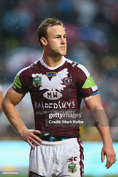 Daly Cherry-Evans of the Eagles looks dejected after an Eels try during the round 24 NRL match between the Manly Warringah Sea Eagles and the...