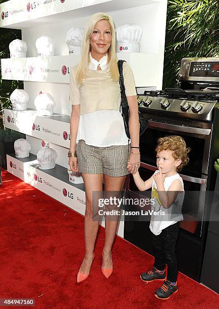 Tori Spelling and son Finn Davey McDermott attend the LG "Fam To Table" series at The Washbow on August 22, 2015 in Culver City, California.