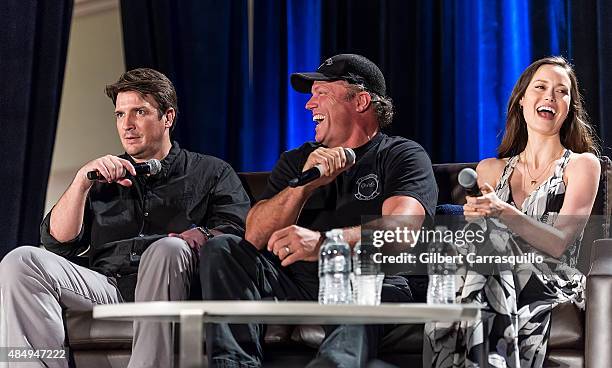 Actors Nathan Fillion, Adam Baldwin and Summer Glau attend Wizard World Comic Con Chicago 2015 - Day 3 at Donald E. Stephens Convention Center on...