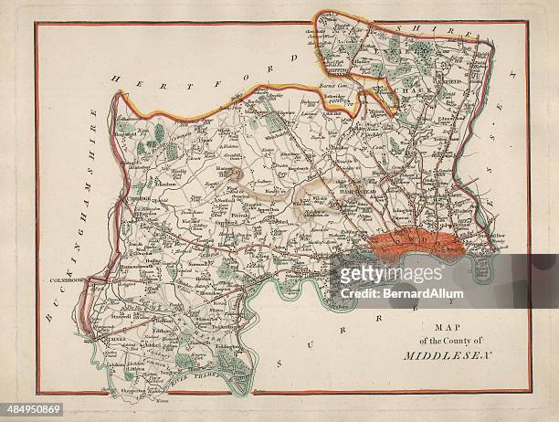 antique map of middlesex - surrey england stock illustrations