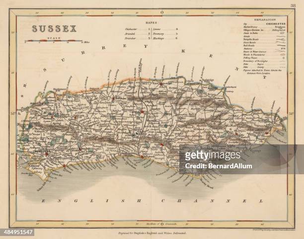 hand coloured antique map of sussex england - sussex stock illustrations