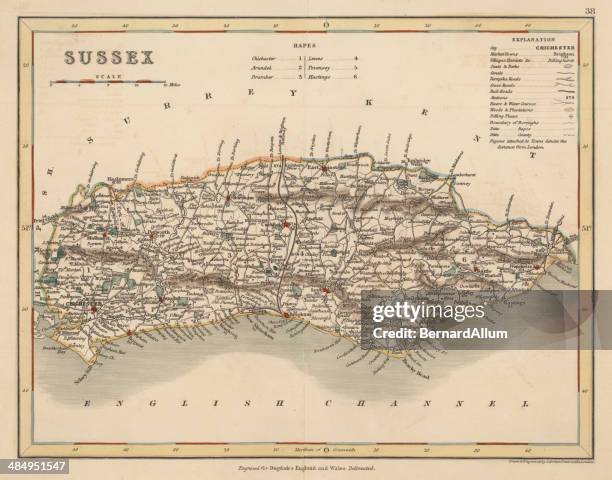 hand coloured antique map of sussex england - sussex england map stock illustrations