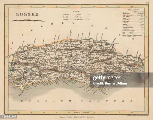 hand coloured antique map of sussex england - kent county stock illustrations