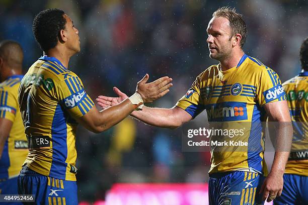 Will Hopoate and David Gower of the Eels celebrate victory during the round 24 NRL match between the Manly Warringah Sea Eagles and the Parramatta...