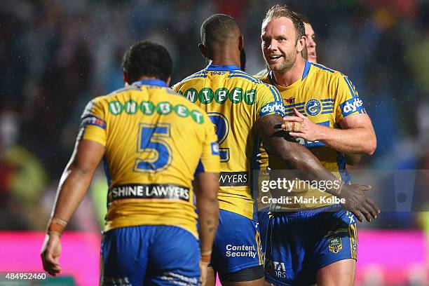 Semi Radradra and David Gower of the Eels celebrate victory during the round 24 NRL match between the Manly Warringah Sea Eagles and the Parramatta...