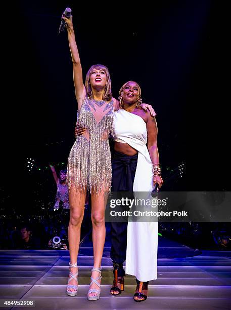 Singer-songwriters Taylor Swift and Mary J. Blige perform onstage during Taylor Swift The 1989 World Tour Live In Los Angeles at Staples Center on...