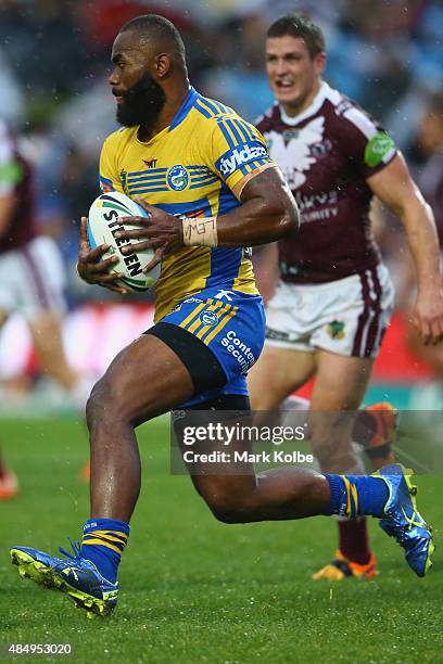 Semi Radradra of the Eels runs the ball during the round 24 NRL match between the Manly Warringah Sea Eagles and the Parramatta Eels at Brookvale...