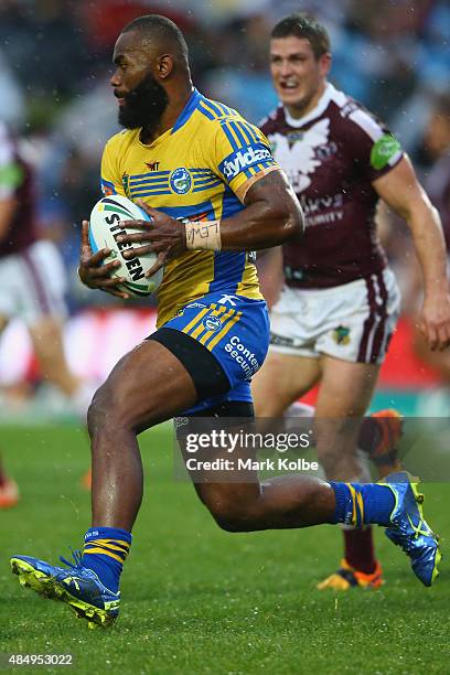 Semi Radradra of the Eels runs the ball during the round 24 NRL match between the Manly Warringah Sea Eagles and the Parramatta Eels at Brookvale...