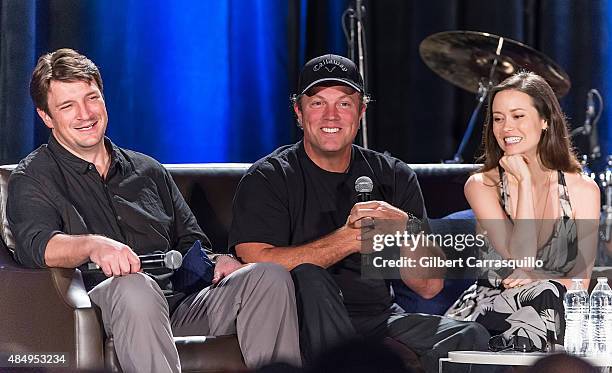 Actors Nathan Fillion, Adam Baldwin and Summer Glau attend Wizard World Comic Con Chicago 2015 - Day 3 at Donald E. Stephens Convention Center on...