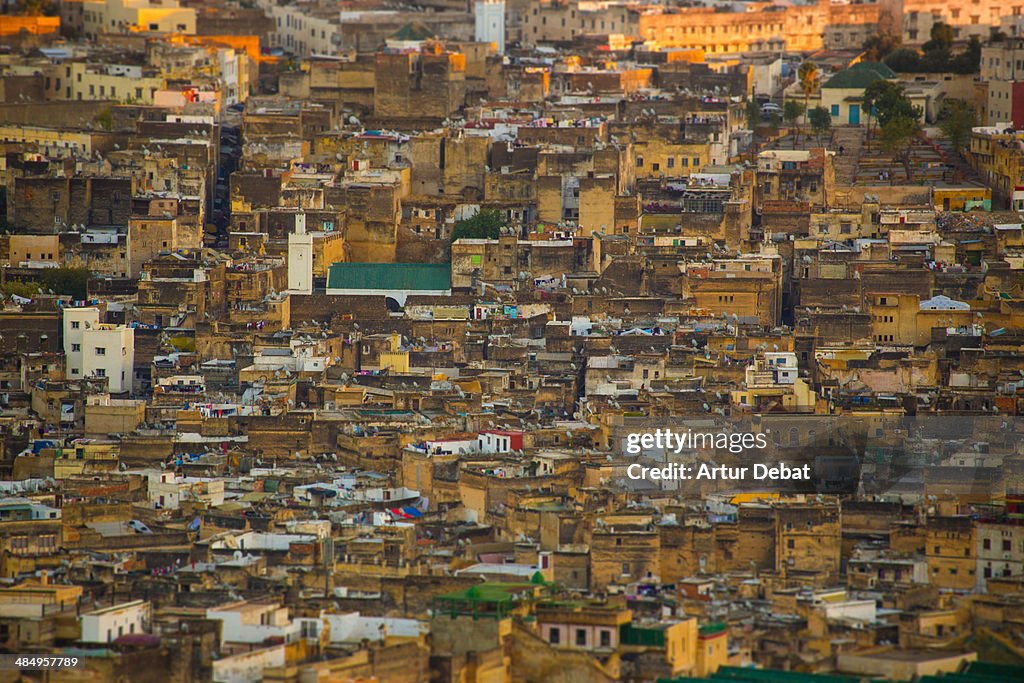 Medina of Fez view from above with house rooftops