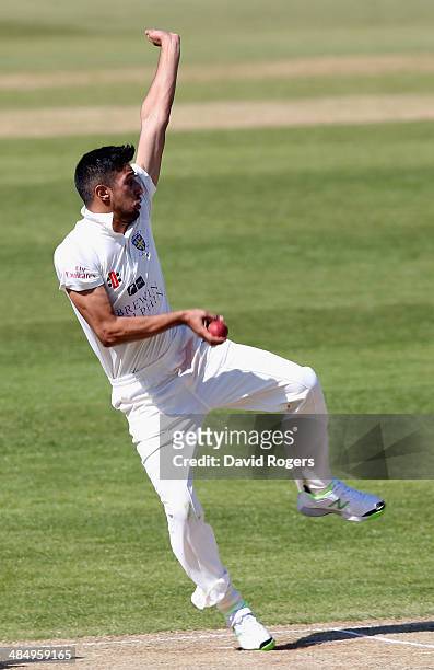 Usman Arshad of Durham bowls during the third day of the LV County Championship Division One match between Northamptonshire and Durham at the County...